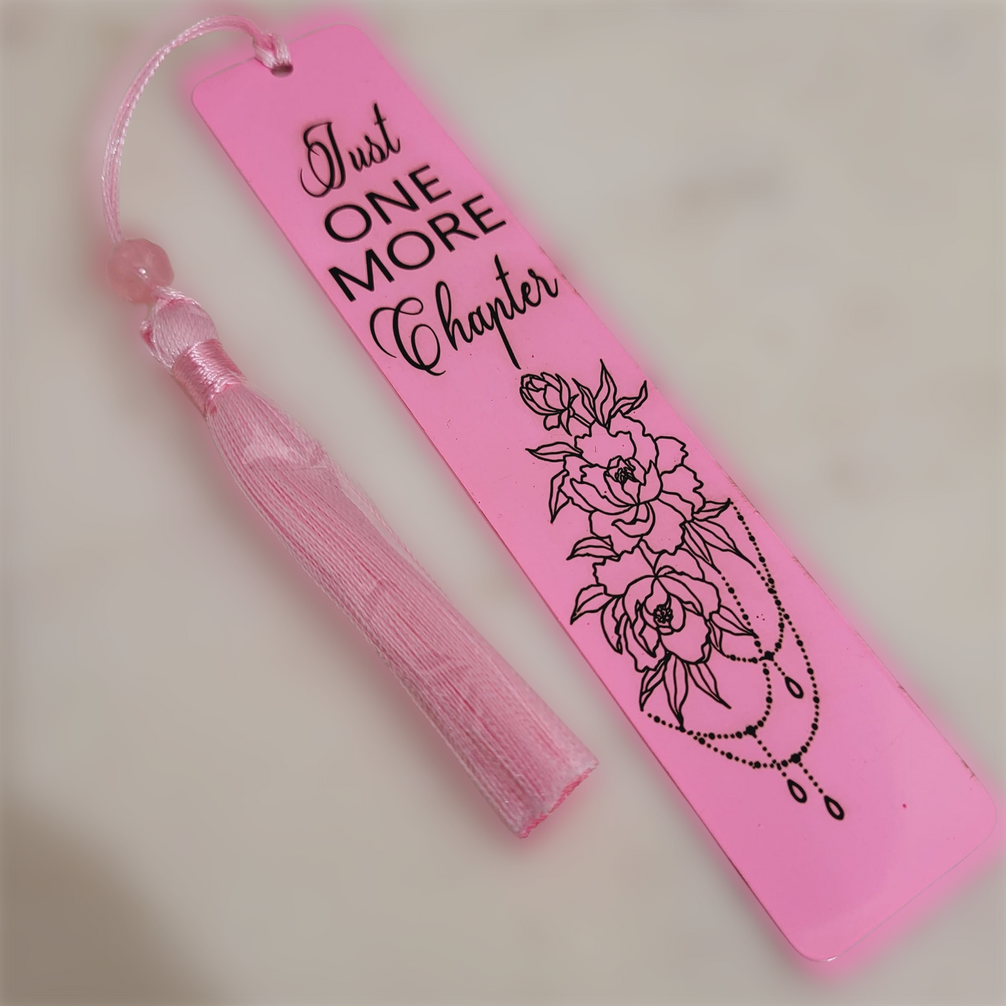Pink Bookmarks - Just One More Chapter for Girls, Kids, Children, Women - Stainless Steel Bookmark with Pink Tassel