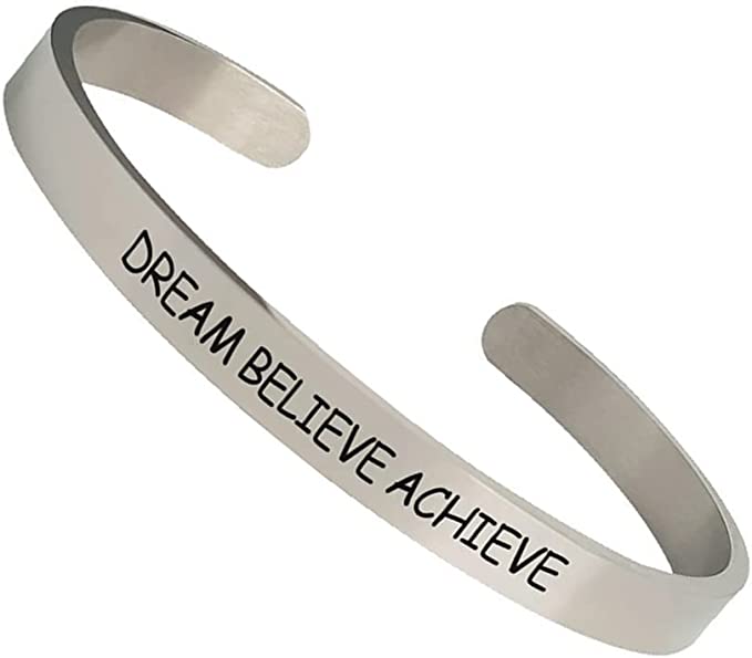 Meaningful Motivation on a Bracelet Dream Believe Achieve Inspirational Cuff Mantra Bracelet