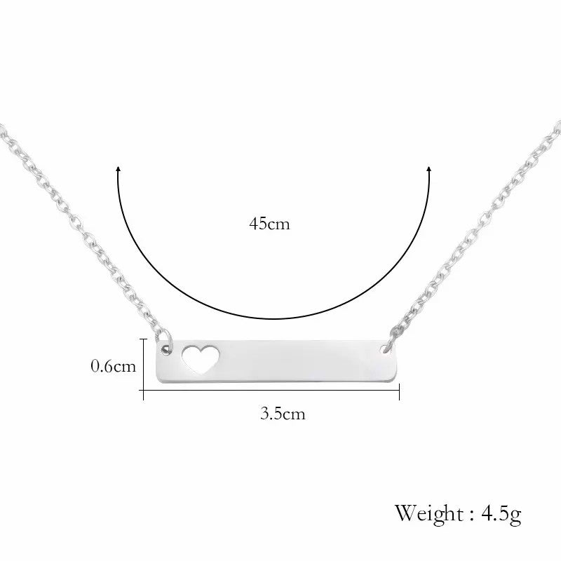 Laser Engravable Pendant Necklace Stainless steel Hollow CUT Heart Bar Pendant necklaces for Women