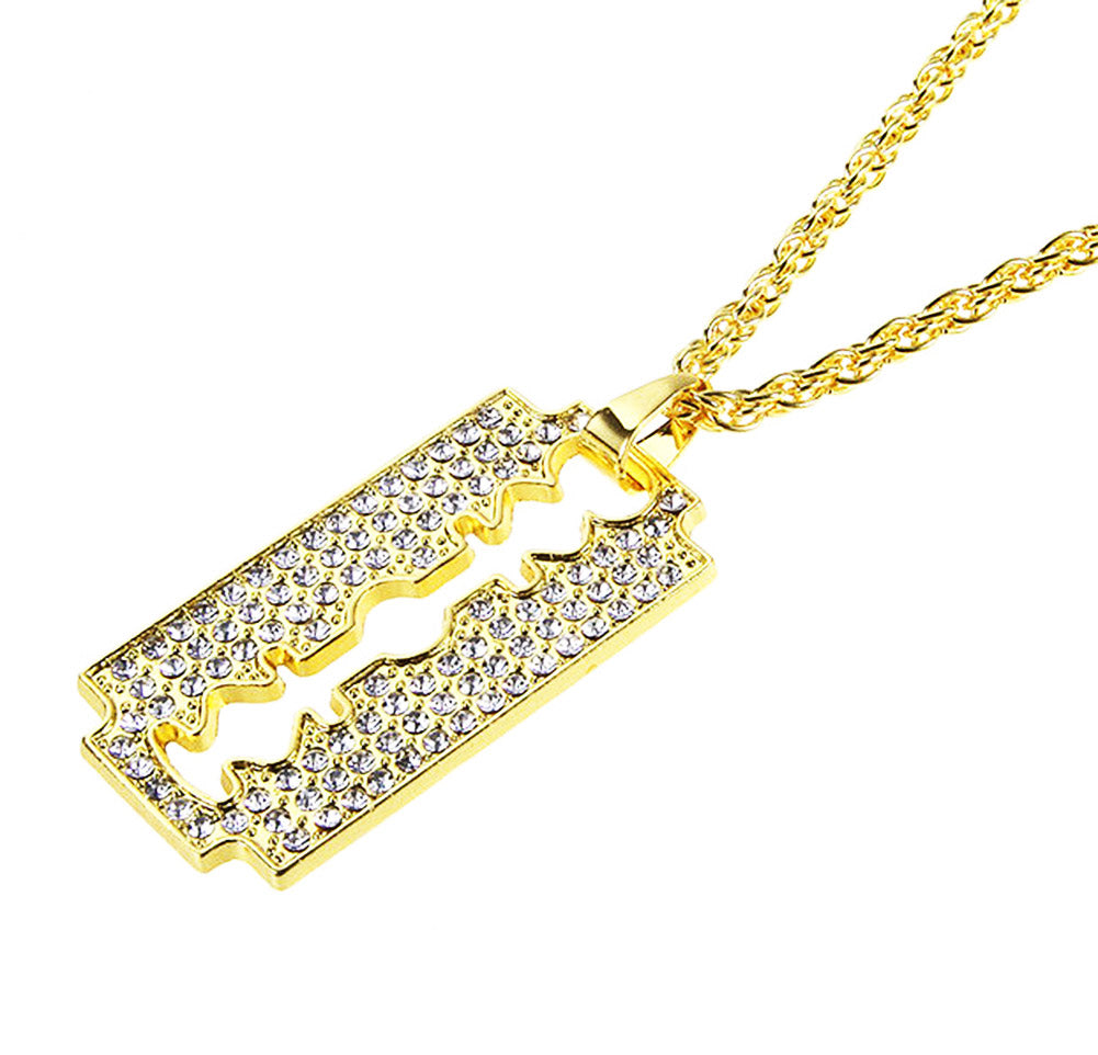 Razor Blade Pendant Necklace Men Women Kids Girls Boys Chain Gold Tone - NationinFashion