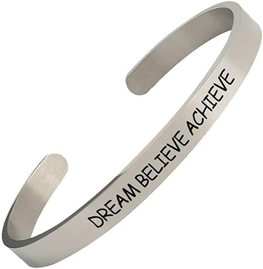 Meaningful Motivation on a Bracelet Dream Believe Achieve Inspirational Cuff Mantra Bracelet